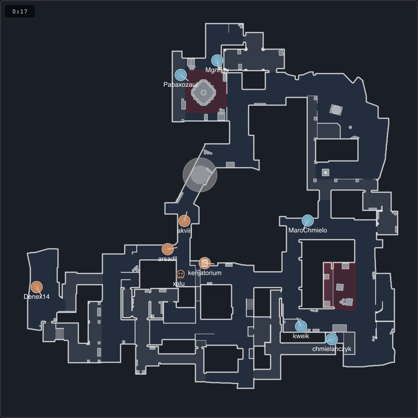 de_inferno radar with every player's position, viewing direction, smokes and kills